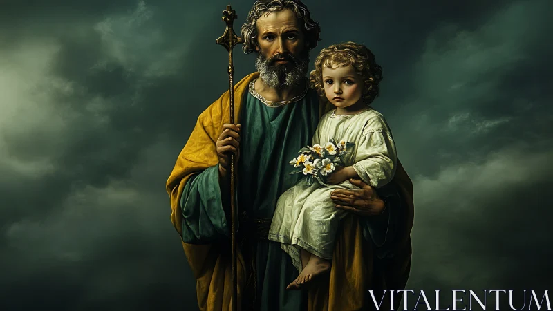 Devout guardian holding child beneath storm-washed heavens.