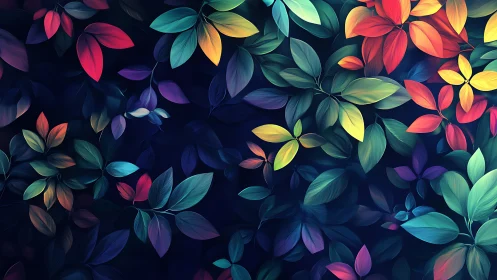 Luminous rainbow leaves dancing softly on midnight blue.