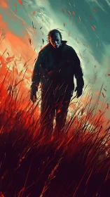 Stalking silhouette strides through burning twilight field.