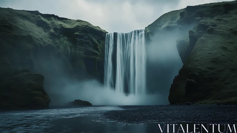 Misty Waterfall Cascades Between Moss-Covered Cliffs