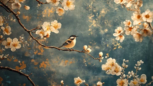 Songbird perched among blossom branches on painterly backdrop