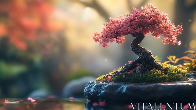 Pink flowering bonsai tree on moss-covered stone platform.