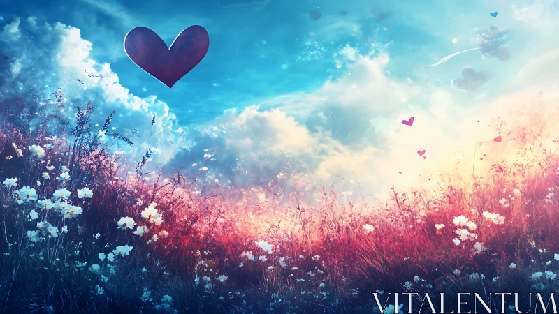 Ethereal Meadow with Heart Silhouette Against Gradient Sky.