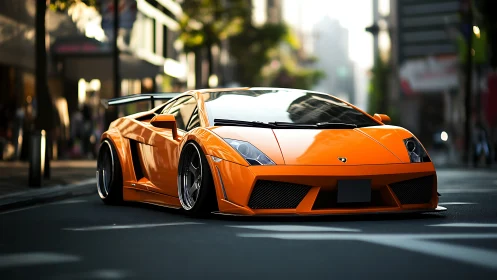 Flame-bright supercar prowls a glossy city canyon street.