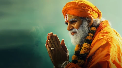 Digital portrait of elderly Hindu sage in prayerful pose.