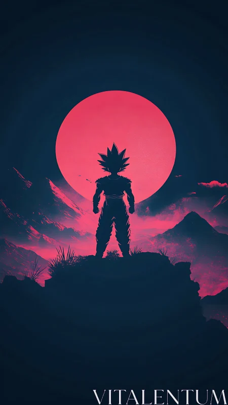 Silhouetted warrior before large pink moon in mountains.