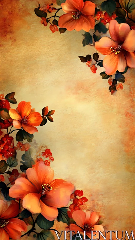 Vintage Floral Composition with Orange Blooms on Textured Backdrop.