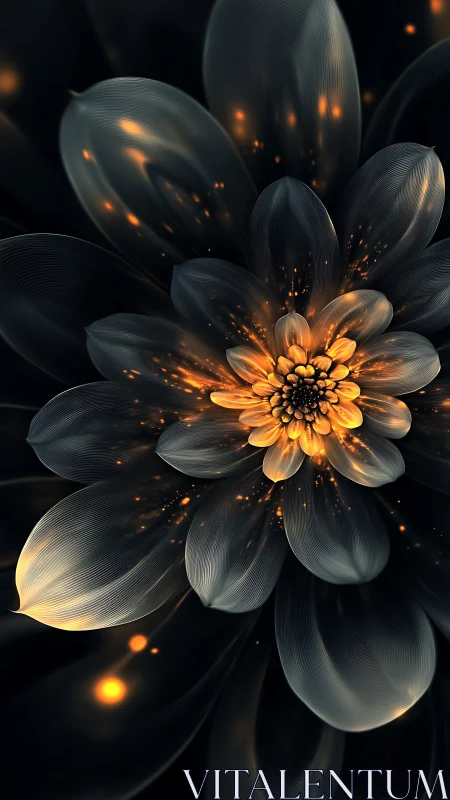 Glowing midnight blossom unfolding in soft golden light.