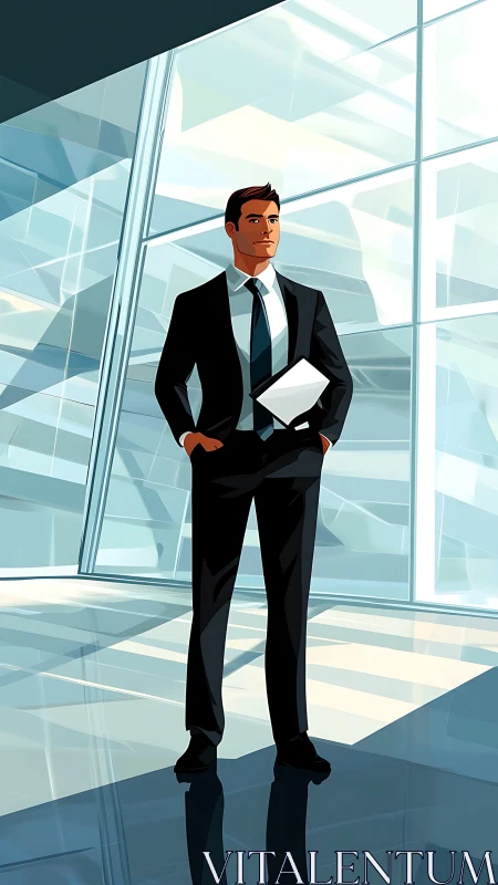 Professional male figure in business suit in modern office setting.