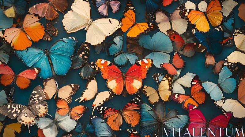 Colorful butterfly specimens overlap on dark teal surface