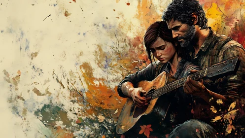 Survivors sharing a guitar amid autumn splatter backdrop.