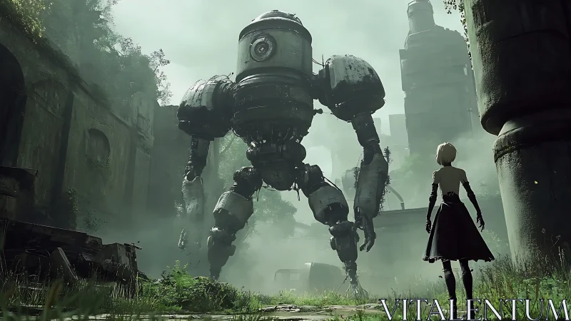 Cinematic 3D showdown of android and colossus in ruined atrium.