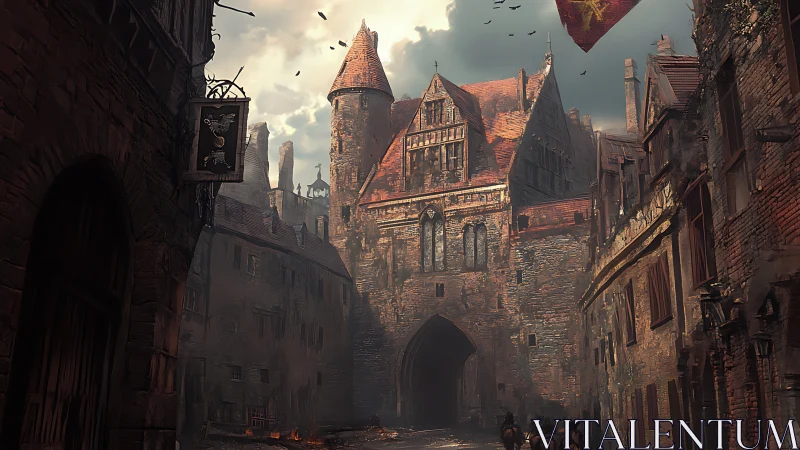 Gothic fortress gate in smoke-softened medieval streetscape.