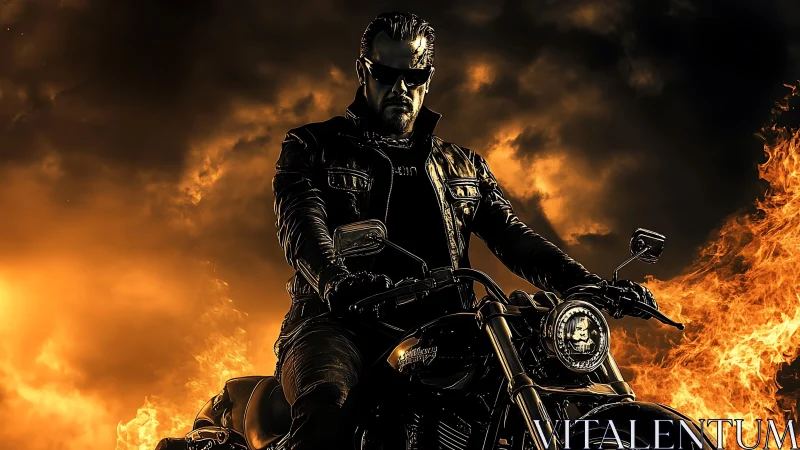 Biker outlaw on flaming highway under storm clouds.