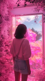 Girl lingers in a neon pink doorway between worlds