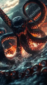 Fiery sea leviathan rises from stormy waves in molten glow.