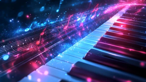 Stellar piano keys ignite neon rivers of shimmering sound.