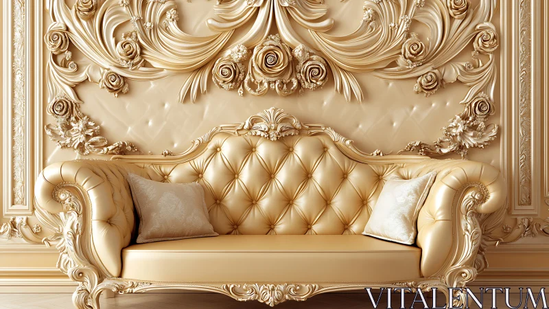 Baroque tufted sofa against gilded floral relief wall paneling.