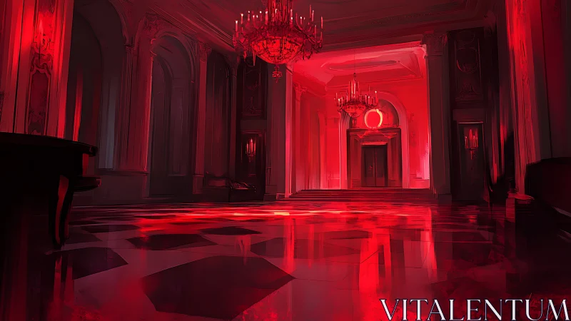 Crimson-lit palace hall glows with ominous chandeliers.