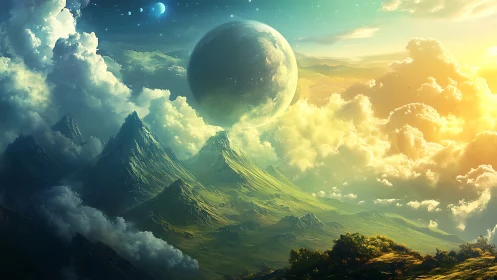 Dreamy alien mountains under a glowing cosmic sky.