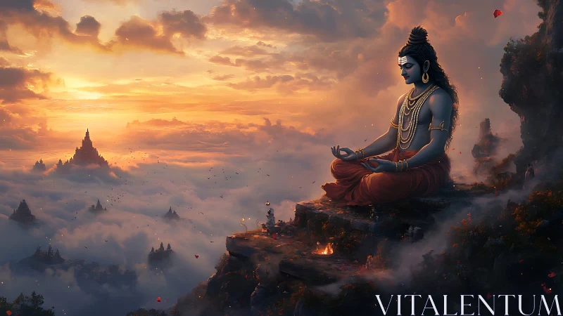 Serene blue yogi meditating above glowing cloud temples.