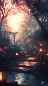 Luminous torii garden path under soft sakura twilight glow.