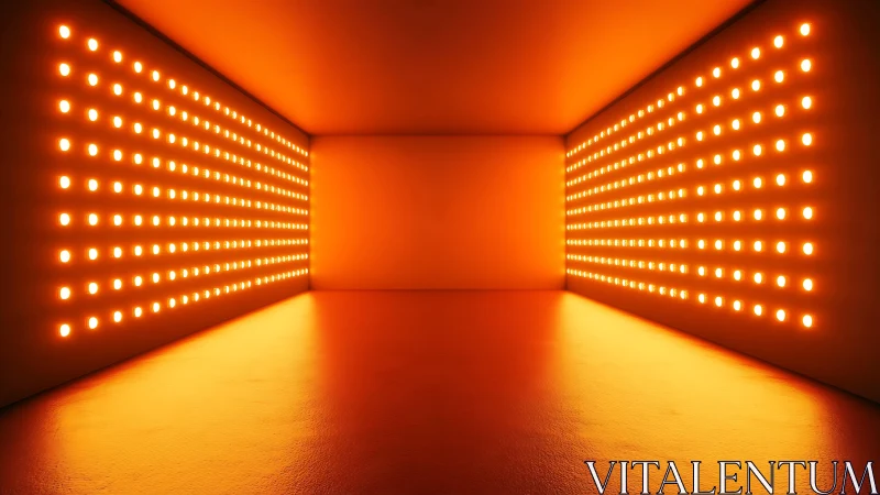 Rectangular corridor contains parallel orange LED panels