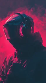 Futuristic hooded figure in neon magenta cinematic smoke light.