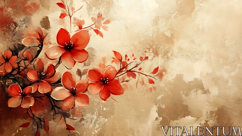 Digital floral branch in warm abstract wash composition.