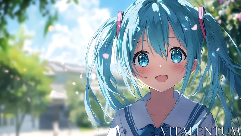 Sunny schoolyard moment with a bright blue haired friend.