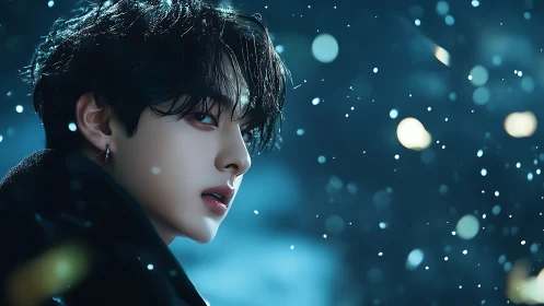 Side-lit portrait of youth in snowfall with cinematic depth of field