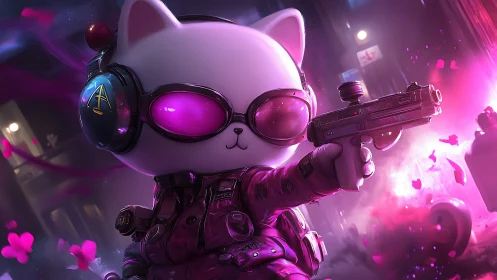 Neon ballistics cat operative with visor optics in alleyway.