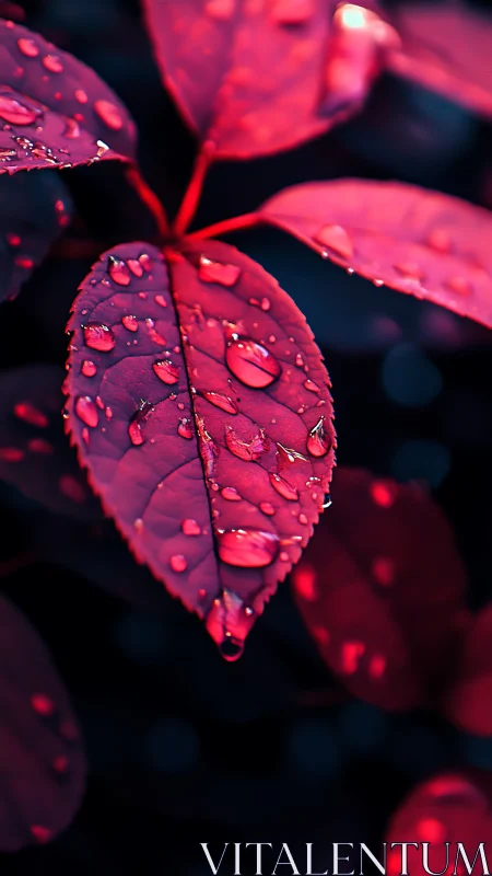 Crimson leaf catches raindrop constellations in neon hush