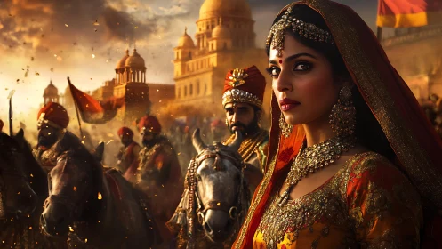 Regal Rajasthani queen leading warriors in burning dusk procession.