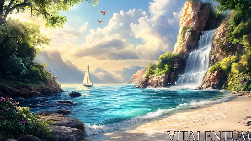 Waterfall Paradise Cove with Sailboat and Mountain Vistas