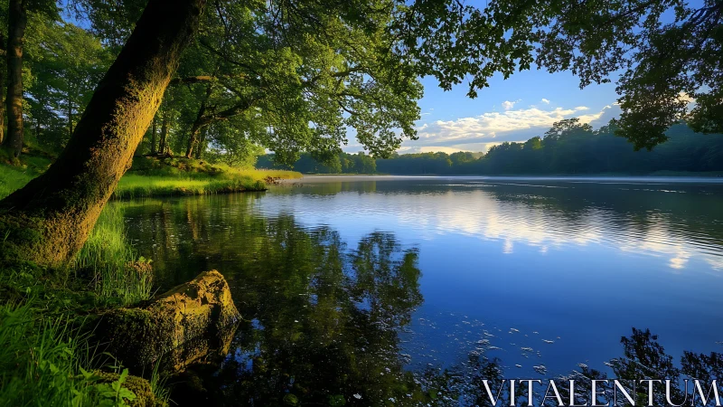 Sunlit forest lake invites a calm, reflective wanderer’s gaze