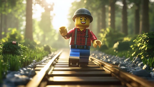 Smiling LEGO hiker strolls along sunlit forest railway tracks.
