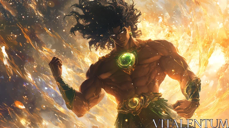 Muscular male figure with glowing green gems amid light field.