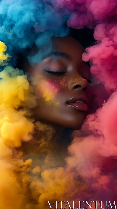 Serene portrait emerges from swirling neon color clouds