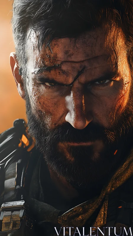 Battle-hardened soldier stares ahead with fierce resolve.