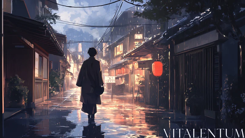 Nocturnal rain-soaked alley with lone pedestrian silhouette.