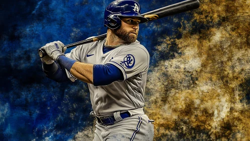 Focused baseball batter ready to swing in bold colors.