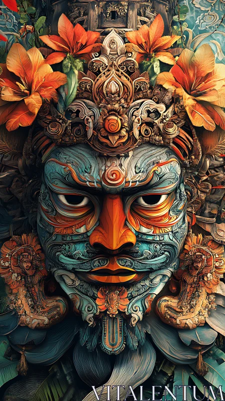 Ornate mythic mask with floral crown and intricate carved filigree