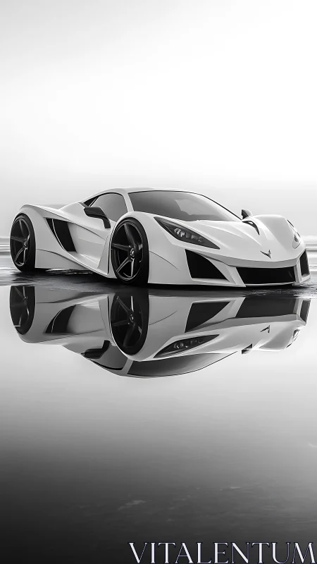 White concept supercar on reflective wet surface profile.