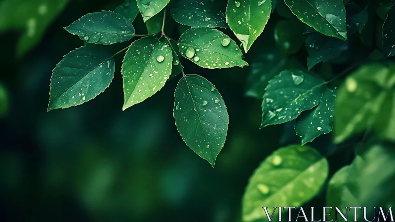 Rain-kissed green leaves capture sharp morning light