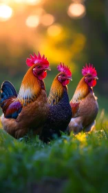 Three Vibrant Roosters Strut Through Golden Grass.