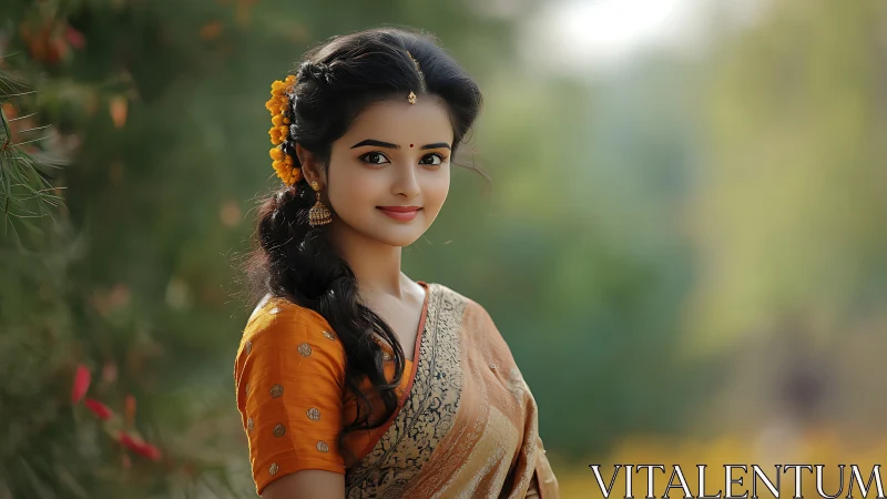 Young woman in traditional saree stands in soft outdoor light