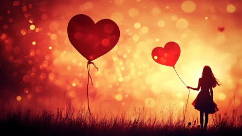 Child Silhouette with Red Heart-Shaped Balloons in Golden Sunset Field