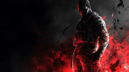 Armored soldier emerges from red inferno against darkness.
