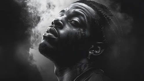 Moody monochrome portrait captures upward gaze through smoke